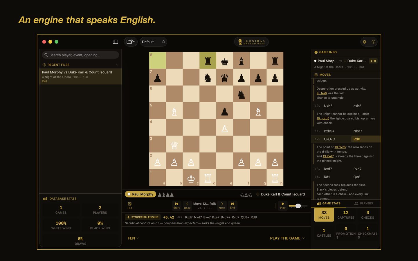 Stockfish engine analysis with plain-English explanation