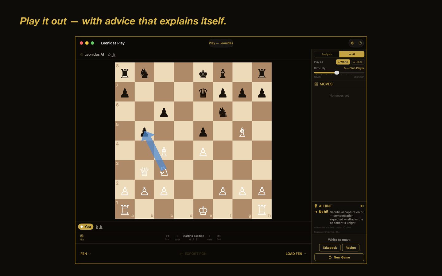 Play vs AI window with AI hint and reasoning