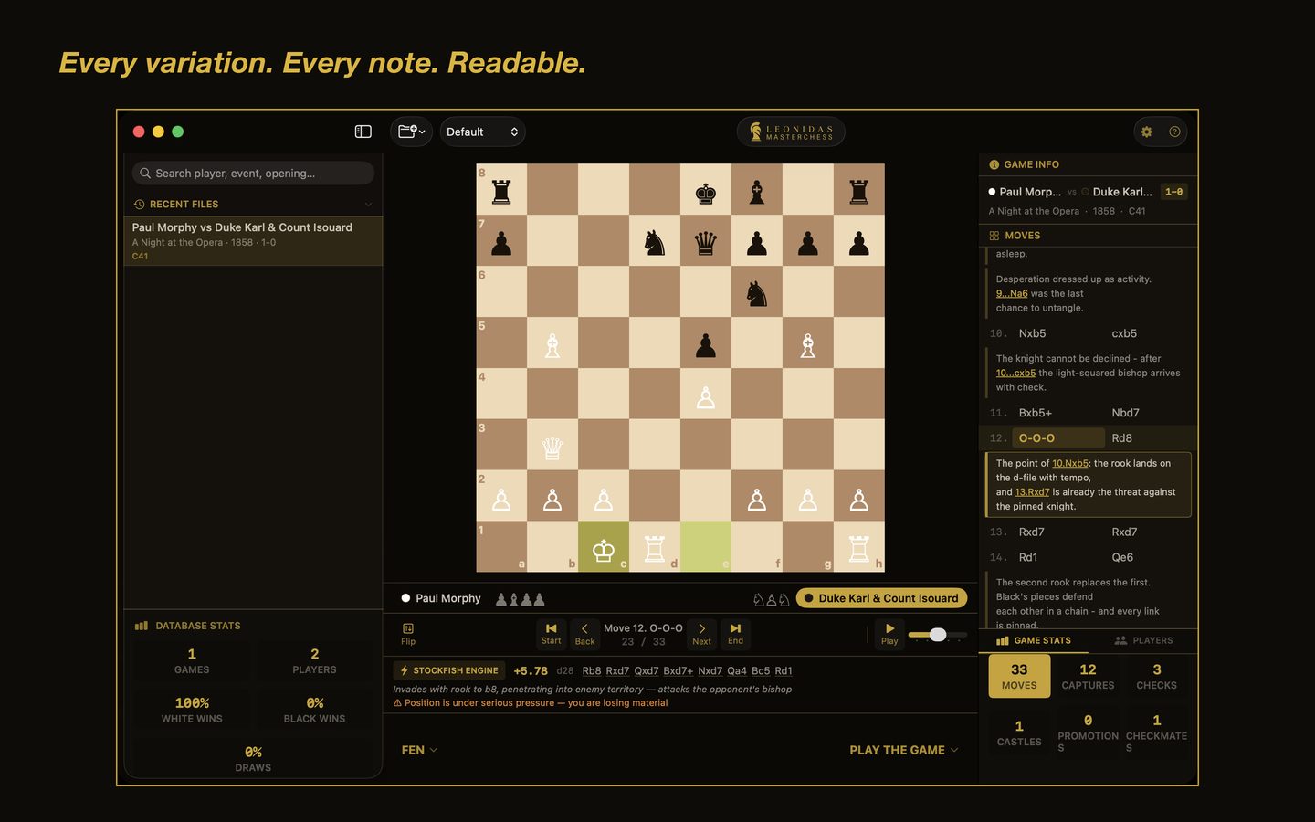 Leonidas annotated game view with variations and commentary